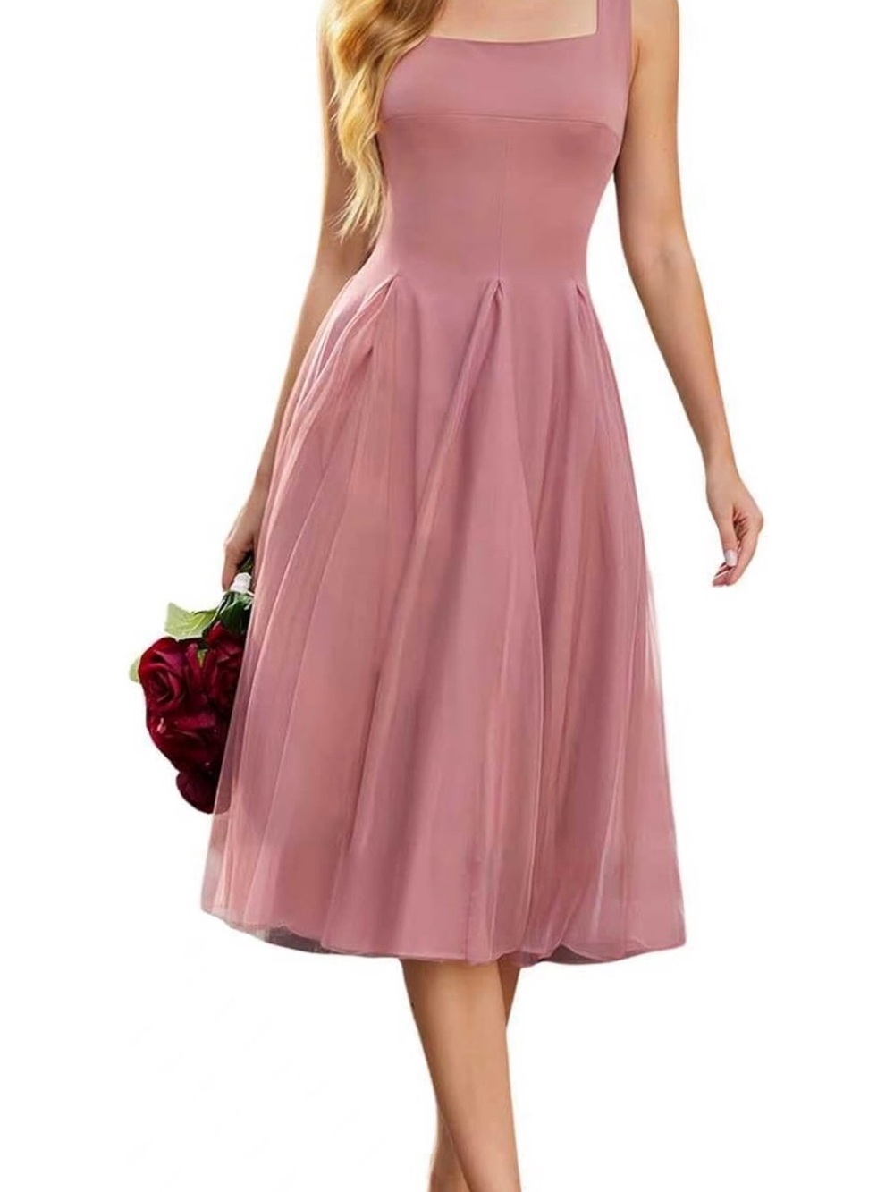 Sleeveless Square-Neck Midi Dress in Dusty Rose